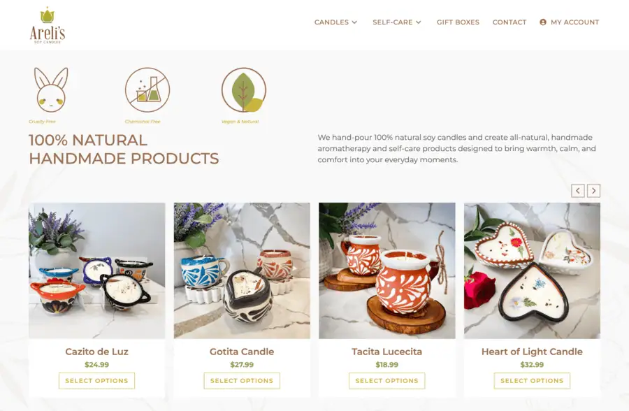 Areli’s Soy Candles website homepage displaying handmade candle products and soft, minimal design