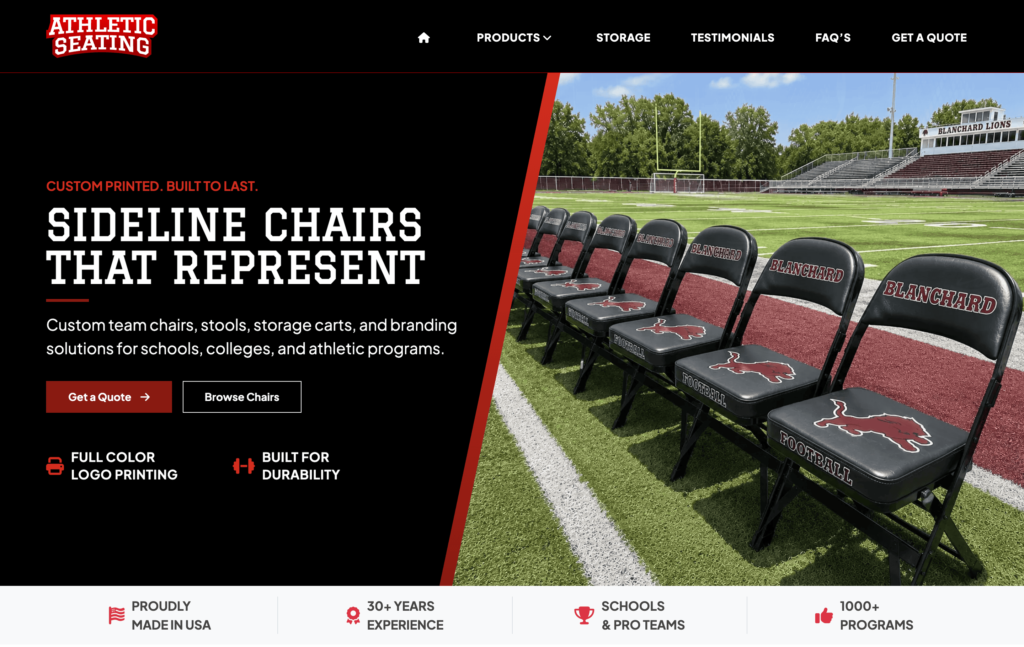 Athletic Seating website homepage showing custom branded team chairs and call-to-action to request a quote