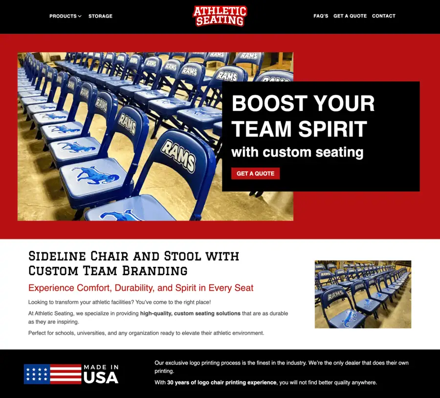 Athletic Seating website homepage showing custom branded team chairs and call-to-action to request a quote