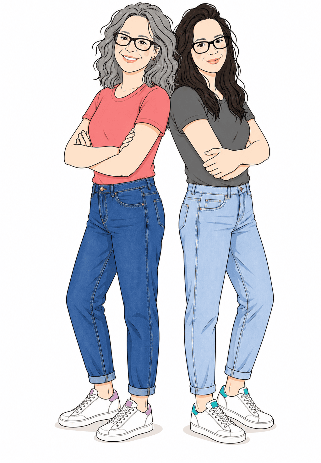 Illustration of the two designers behind Iktan Studio standing back to back, representing the creative team behind custom website design and development.