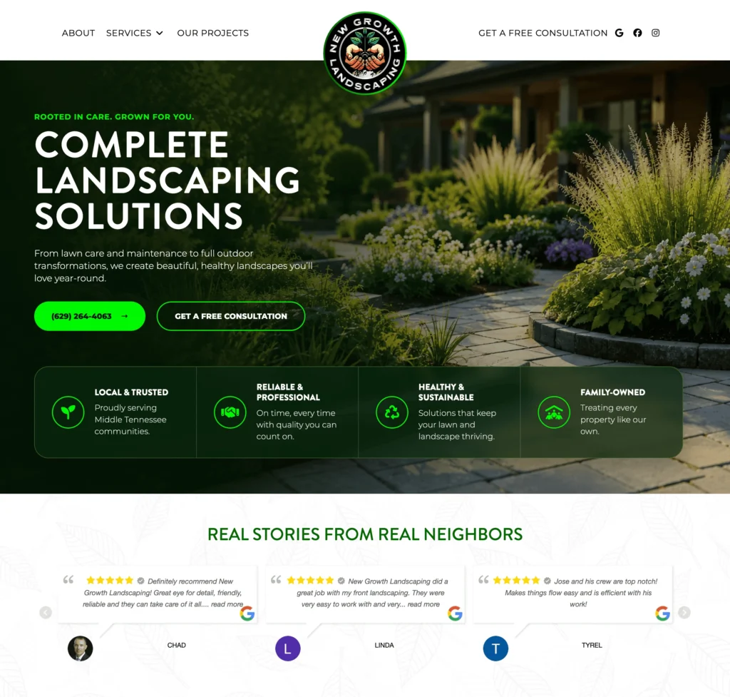 New Growth Landscaping website homepage showing landscaping services, lawn care sections, and call-to-action for free consultation