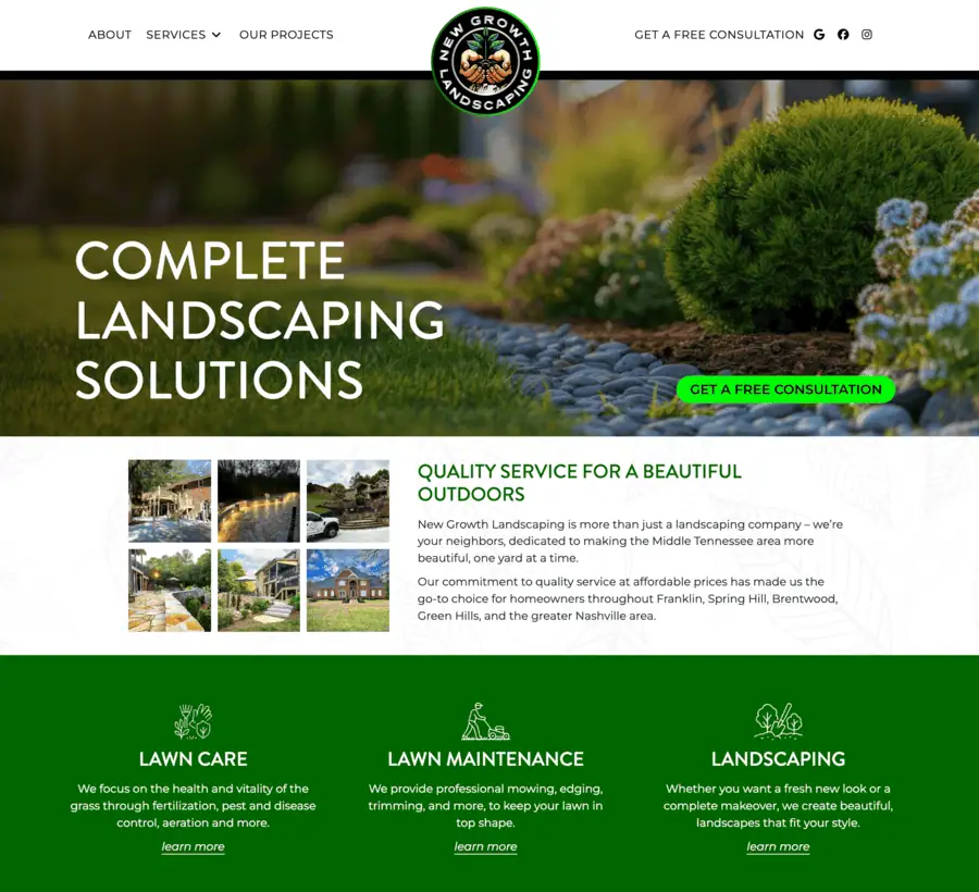 New Growth Landscaping website homepage showing landscaping services, lawn care sections, and call-to-action for free consultation