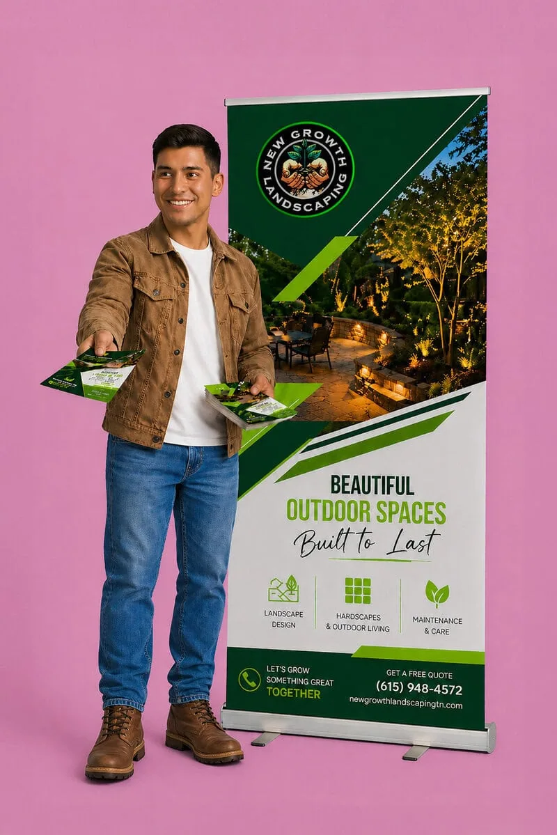 Man handing out flyers in front of roll-up banner showcasing custom printing materials