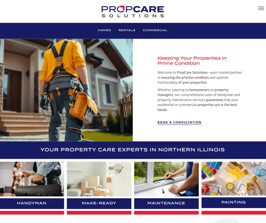 Propcare Solutions website homepage showing property care services and clean professional design