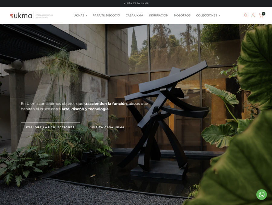 Ukma Shopify website homepage showing sculptures and 3D-printed furniture in a clean modern layout