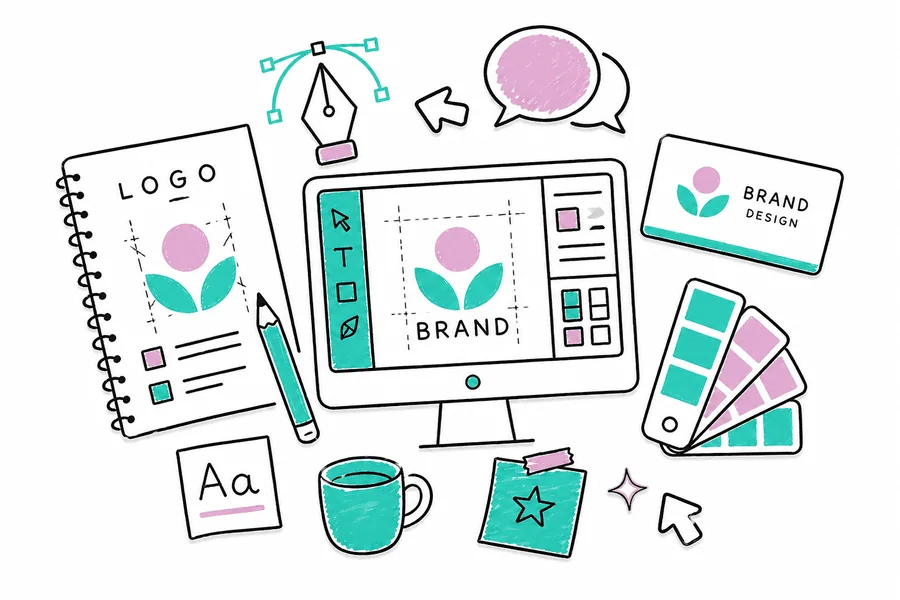 Illustration of website design process including planning, communication, workflow, and growth steps