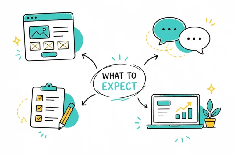 Illustration showing what to expect from a website design process including planning, communication, workflow, and growth