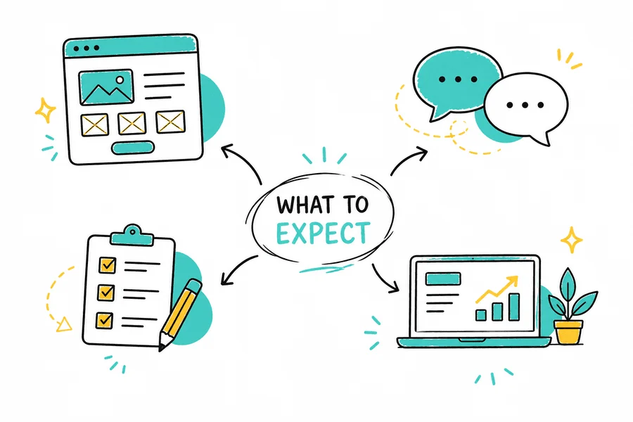 Illustration showing what to expect from a website design process including planning, communication, workflow, and growth