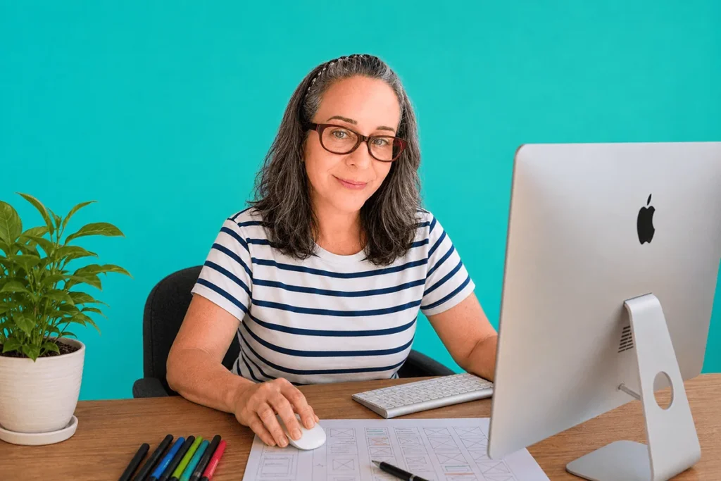 Local web designer and developer working at her desk